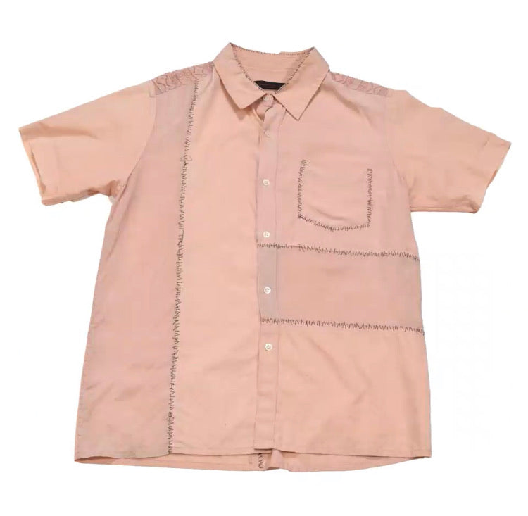 INQUIRE Undercover pink silk/lace paneled hand stitched button-up S/S03 “Scab” Medium